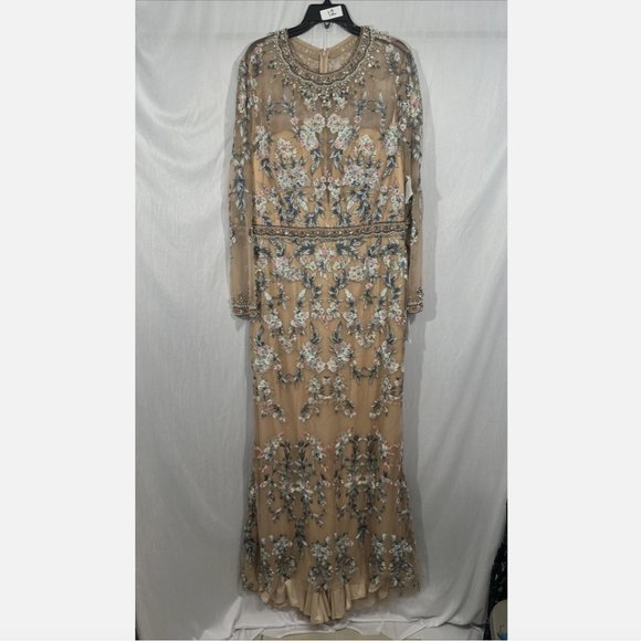 NWT $798 Mac Duggal [ 14 ] Floral Embroidered Long Sleeve Trumpet Gown Nude Q624 - Picture 8 of 16